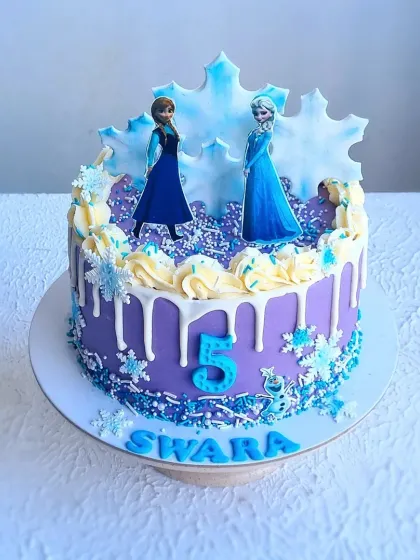 Another angle of the Frozen drip cake, showing the placement of the sprinkles and snowflakes.