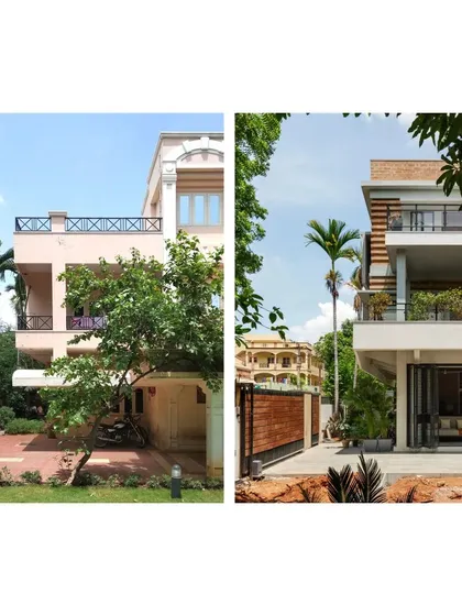 A before-and-after comparison of the residence in Hyderabad. We transformed the original house by reconfiguring spaces, expanding the living area into the garden, and wrapping the structure in a new, ecological skin of earth blocks and louvers.