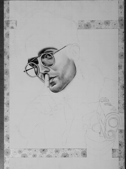 The 90-hour process behind my photorealistic pencil drawing of Harrdy Sandhu. Notice the detail in the sunglasses reflection and the texture of the shirt.