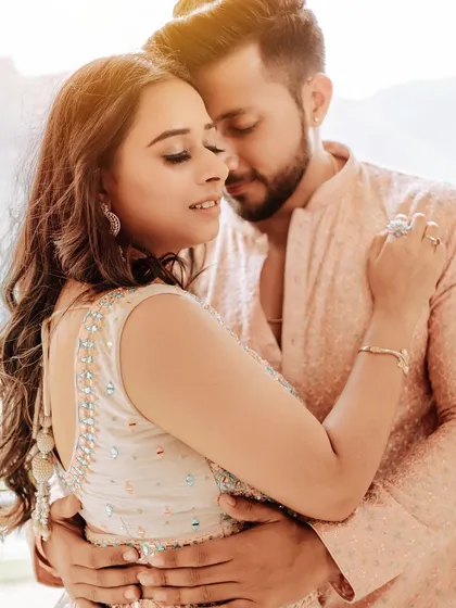 A tender and intimate close-up portrait. This shot focuses purely on the couple's emotional connection, capturing a quiet moment of love and affection during their Jaipur pre-wedding shoot.