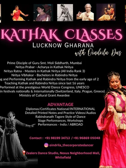 Learn the art of Kathak (Lucknow Gharana) with our expert instructor, Oindrila Das. This poster details her impressive qualifications and class information.
