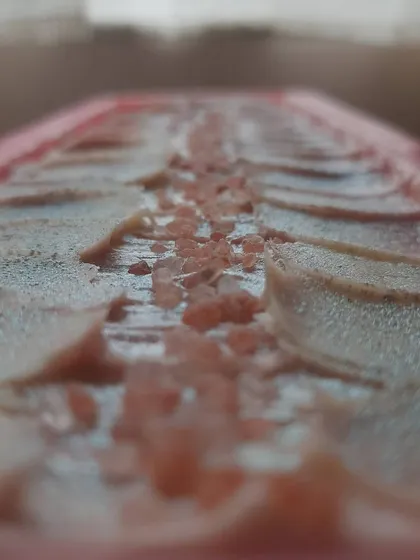 This is the wet top of my HOPE soap, a rose-scented bar from my spring collection. I create the texture with a spoon and add a line of Himalayan pink salt for a beautiful finish.