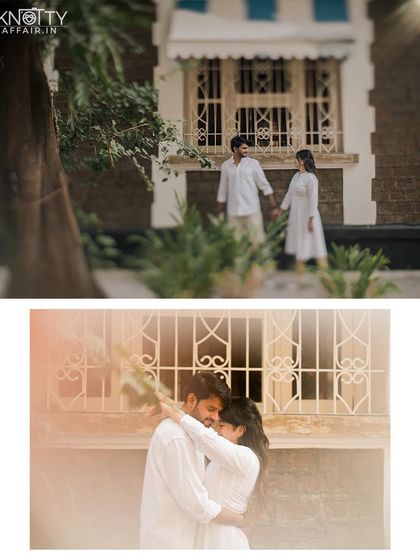 A quiet moment of connection in a leafy lane of Old Mumbai. The vintage architecture and soft light create a beautifully romantic and timeless setting.