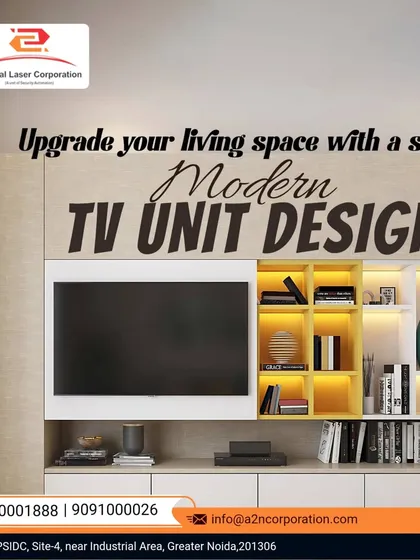 This is our take on a modern entertainment center. We designed this TV unit to be the focal point of the living room, with a mix of closed cabinets to hide clutter and open, illuminated shelves in a contrasting color to display decor.