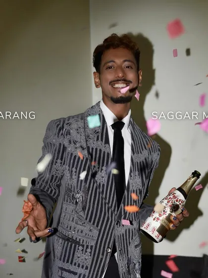 Sarang celebrates in our grey velvet tuxedo, redefining sophistication for any grand event. This look is about elevating special occasions with timeless craftsmanship.