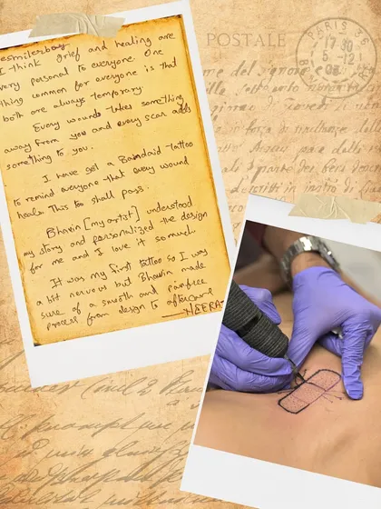 Neeraj's handwritten note about his band-aid tattoo, a personal reminder that all wounds, physical or emotional, eventually heal.