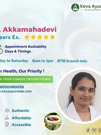 Meet Dr. Akkamahadevi, our Yoga and Naturopathy consultant. With 5 years of experience, she specializes in treating arthritis, PCOD, stress management, and more at our BTM branch.