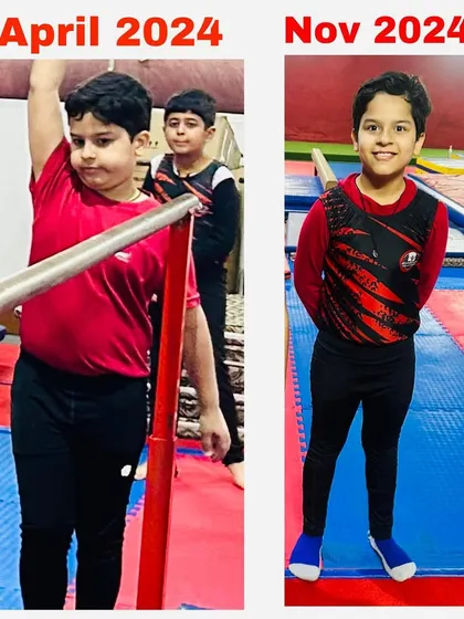 The results speak for themselves. This is a seven-month transformation, showing significant weight loss and improved fitness through our combined gymnastics and fitness program. We build strong, healthy athletes from the ground up.