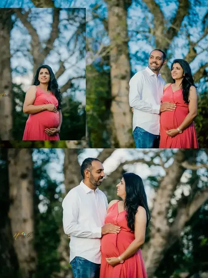 A collage of photos from an outdoor maternity shoot in a park, showing both solo portraits of the mother-to-be and sweet moments with her partner.