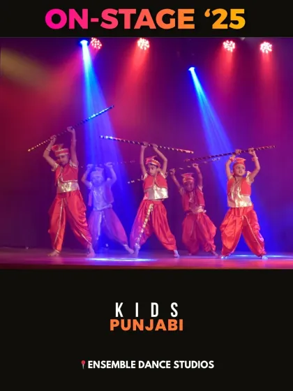 The full kids' Punjabi dance group in their colorful traditional costumes. We believe in providing an authentic experience, from the dance style to the attire.