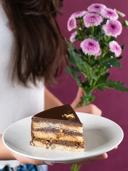 A slice of our decadent Opera cake, perfect for a romantic Valentine's Day treat.