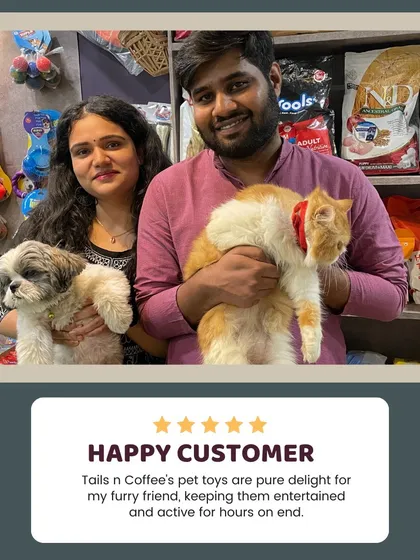 A happy customer with their Shih Tzu and cat, delighted with the pet toys they found at our store. Keeping your furry friends entertained and active is what our collection of toys is all about.