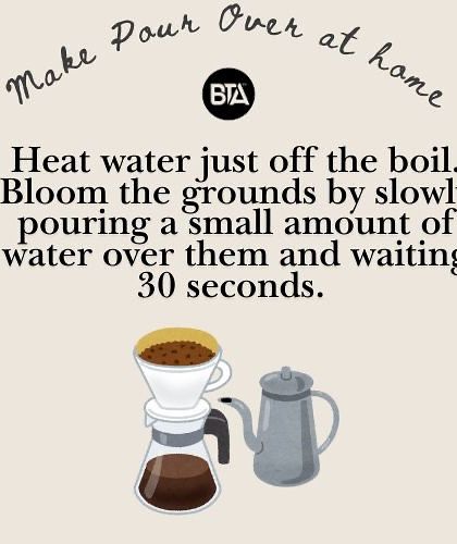 How to bloom your coffee grounds for a pour-over. Use water just off the boil and wait 30 seconds for the gasses to release.