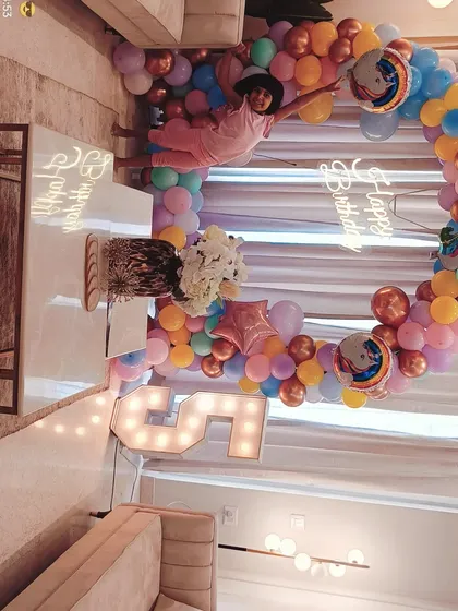 Here is another look at the unicorn and rainbow themed party, showing how the entire setup comes together in the room. The client's daughter was very happy with the result.