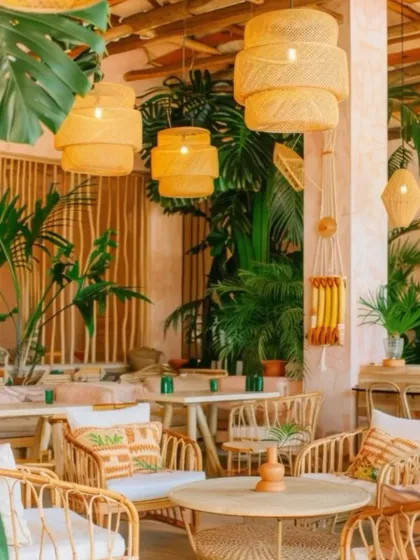 A glimpse into a bohemian-themed decor style, ideal for a relaxed cocktail event or daytime party. The setup uses natural materials like rattan furniture, bamboo light fixtures, and lush green monstera plants to create a warm, tropical ambiance.