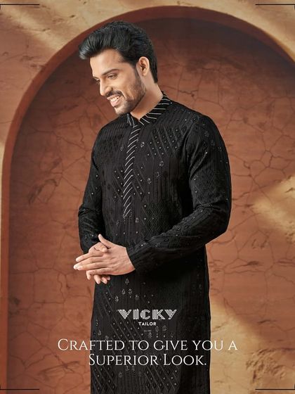 Crafted to give you a superior look. This black kurta with geometric embroidery is another highlight from our sophisticated Diwali collection.
