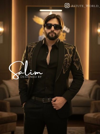 A modern, edgy look for a party or reception. This black jacket features intricate gold floral embroidery on the shoulders, worn over a classic black shirt for a sleek, high-fashion aesthetic.