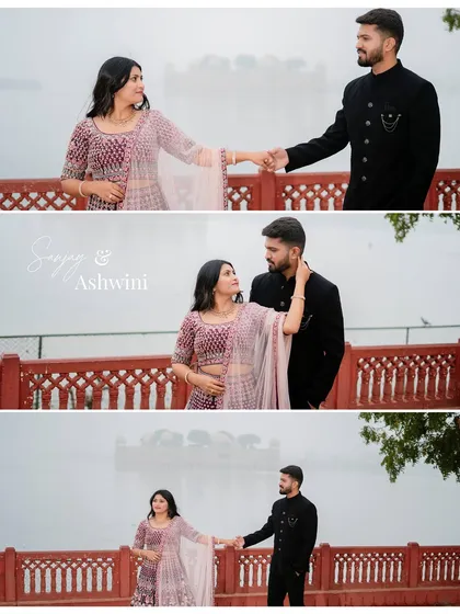 A collage of Sanjay and Ashwini at Jal Mahal, showcasing different poses and the beautiful morning mist over the lake.