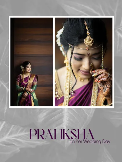 A diptych of the bride, Pratiksha, showing a full portrait and a close-up of her intricate jewelry and makeup.
