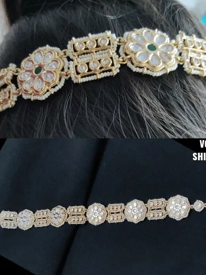 Here you can see how the sheesh patti looks when worn, alongside a product shot. It sits beautifully on the hairline, framing the face.