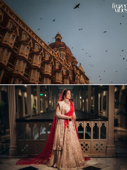 The iconic Taj Mahal Palace hotel in Mumbai, juxtaposed with a portrait of the bride. This connects the elegance of the bride to the grandeur of her chosen venue.