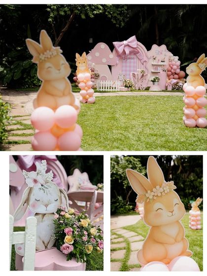 Cute bunny cutouts on balloon pillars guide guests through this enchanting garden party. These props are perfect for adding character and tying the whole theme together.