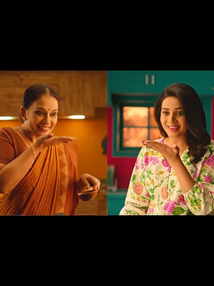 A split-screen shot from the Pavizham CookOff TVC, highlighting the generational shift in the kitchen.