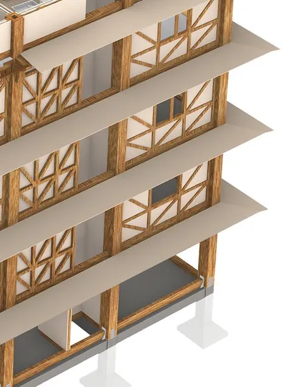 This render showcases the building's facade, with its distinctive timber bracing and floor plates. The design is not just structural but also creates a unique architectural aesthetic.