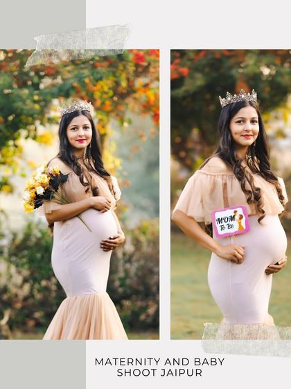 A two-panel image showing a radiant mother-to-be in an outdoor setting, posing with a bouquet of flowers in one shot and a "Mom to Be" sign in the other.