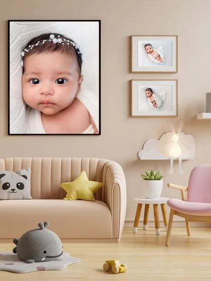 Imagine this in your home. This image shows how a beautiful newborn portrait can become a stunning piece of art for your nursery wall.