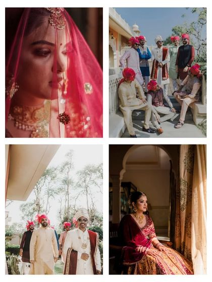 A collage from a Jaipur wedding, featuring a close up of the bride's face through her veil and a group shot of the groom and his groomsmen.