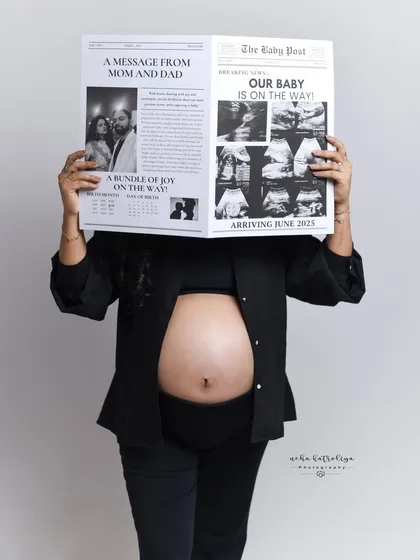For the modern mom-to-be, we can design a creative announcement shoot. Here, we used a custom newspaper prop to share the happy news in a fun and stylish way.