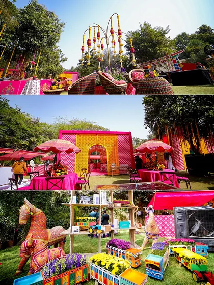 A collage of the Rajasthani carnival decor, featuring colorful stalls, traditional puppets, and vibrant backdrops. Every detail was curated to create an authentic and festive mela experience.