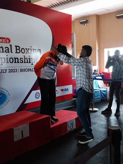 The medal ceremony at the Youth Women's National Boxing Championship in Bhopal. Seeing my boxer on the podium makes all the tough training sessions worthwhile.