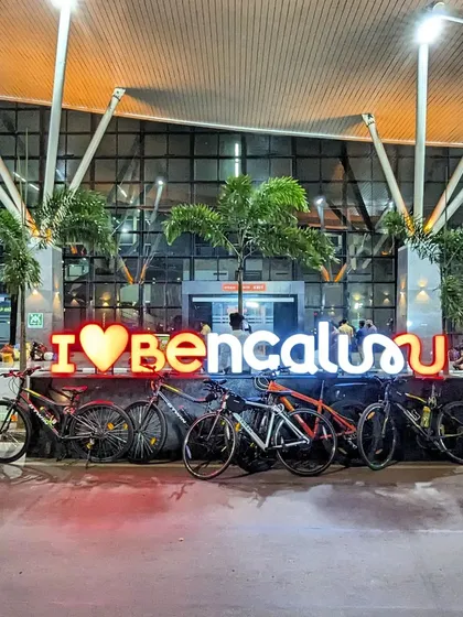Our cycle stack in front of the 'I ❤️ Bengaluru' sign. Our bikes are more than just transport; they are our ticket to adventure and a symbol of our shared passion for urban exploration.