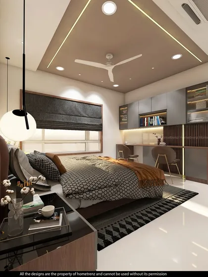 A different perspective of the bedroom, highlighting the bedside table and pendant light, which add to the room's contemporary feel.