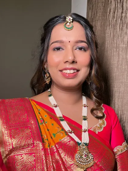 A close-up of the makeup for my Gujarati bride. The soft, shimmery eye makeup and glowing skin create a look that is both fresh and sophisticated.