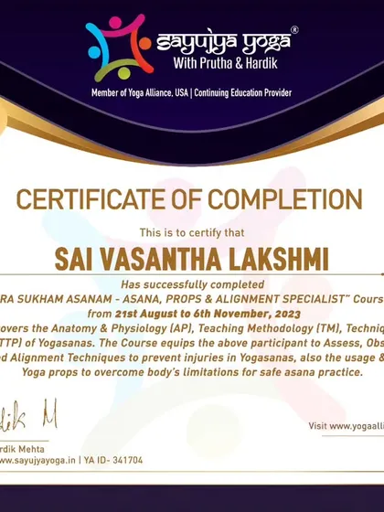 A certificate for our 9th batch of the 'Sthira Sukham Asanam' course. We are proud to send another group of teachers into the world armed with the knowledge of functional yoga.