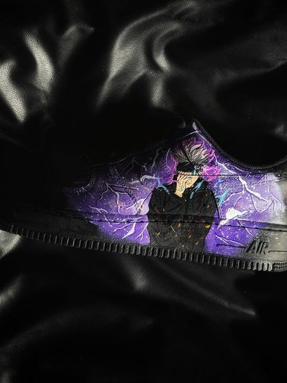 A side profile of the "Hollow Purple" Gojo custom sneaker, showing the crackling purple energy.