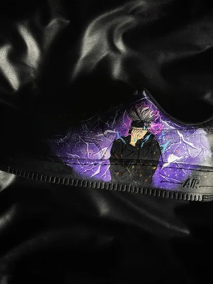 A side profile of the "Hollow Purple" Gojo custom sneaker, showing the crackling purple energy.