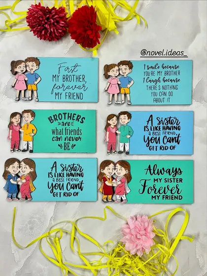 A closer look at the Raksha Bandhan magnets. Each one has a unique, quirky, or emotional quote to celebrate the special bond with your sibling.