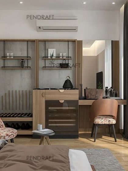 Our detailed render for the hotel room's multi-functional corner, including a vanity, minibar, and luggage rack. The design uses a mix of materials and bespoke furniture to maximize utility without compromising on style.