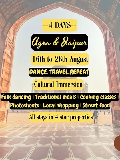 We're launching mini dance trips in India. This 4-day trip to Agra and Jaipur combines cultural immersion with folk dancing, traditional meals, cooking classes, and local shopping.