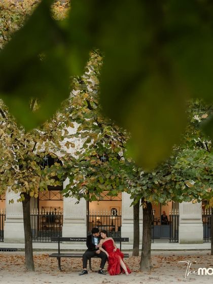 A quiet moment on a park bench in Paris. Framed by trees, the couple sits closely, sharing an intimate conversation, embodying the romantic, cinematic feel of the city.