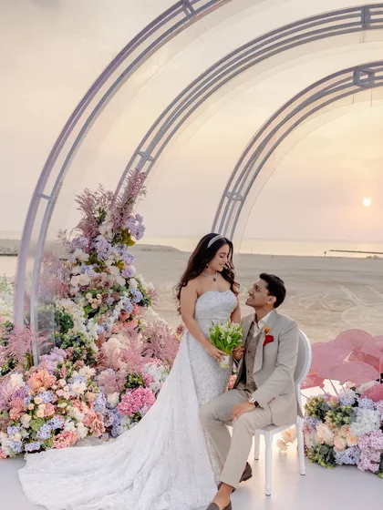 From royal palaces in Rajasthan to serene beaches in Bahrain, we bring your vision to life anywhere in the world. This sunset engagement ceremony on the shores of Bahrain showcases our ability to create soft, romantic atmospheres with pastel florals and ethereal decor.