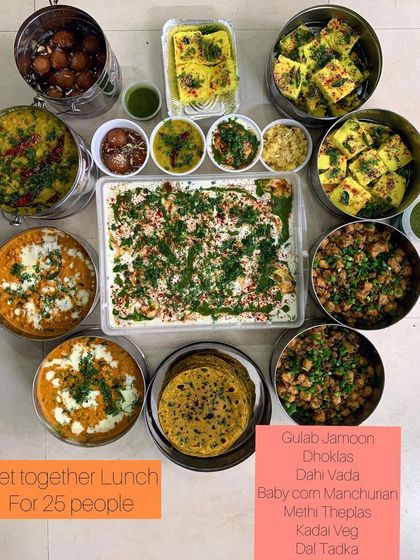 A get-together lunch for 25 people, featuring a wonderful mix of dishes. I prepared Gulab Jamoon, Dahi Vada, Baby Corn Manchurian, and Kadai Veg to create a full festive meal.