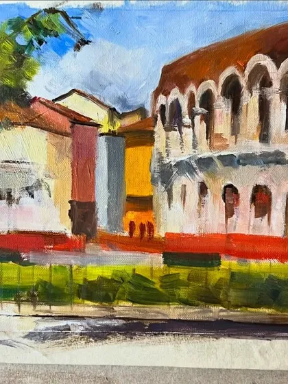 The first block-in stage of the Verona cityscape. Here, I'm establishing the main color shapes and relationships before adding details.