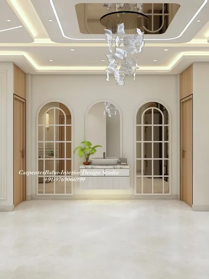 This design features a grand wash basin area integrated into the living space, separated by elegant arched doorways. The stunning chandelier and reflective ceiling add a layer of opulence.