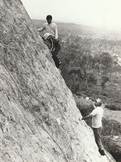 A classic photo from the archives, showing the climbing style and gear of the past.