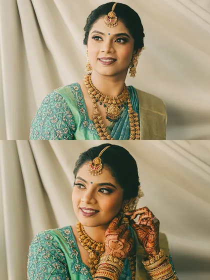 A two-part image showing the bride getting ready, highlighting her calm demeanor and the intricate details of her jewellery.